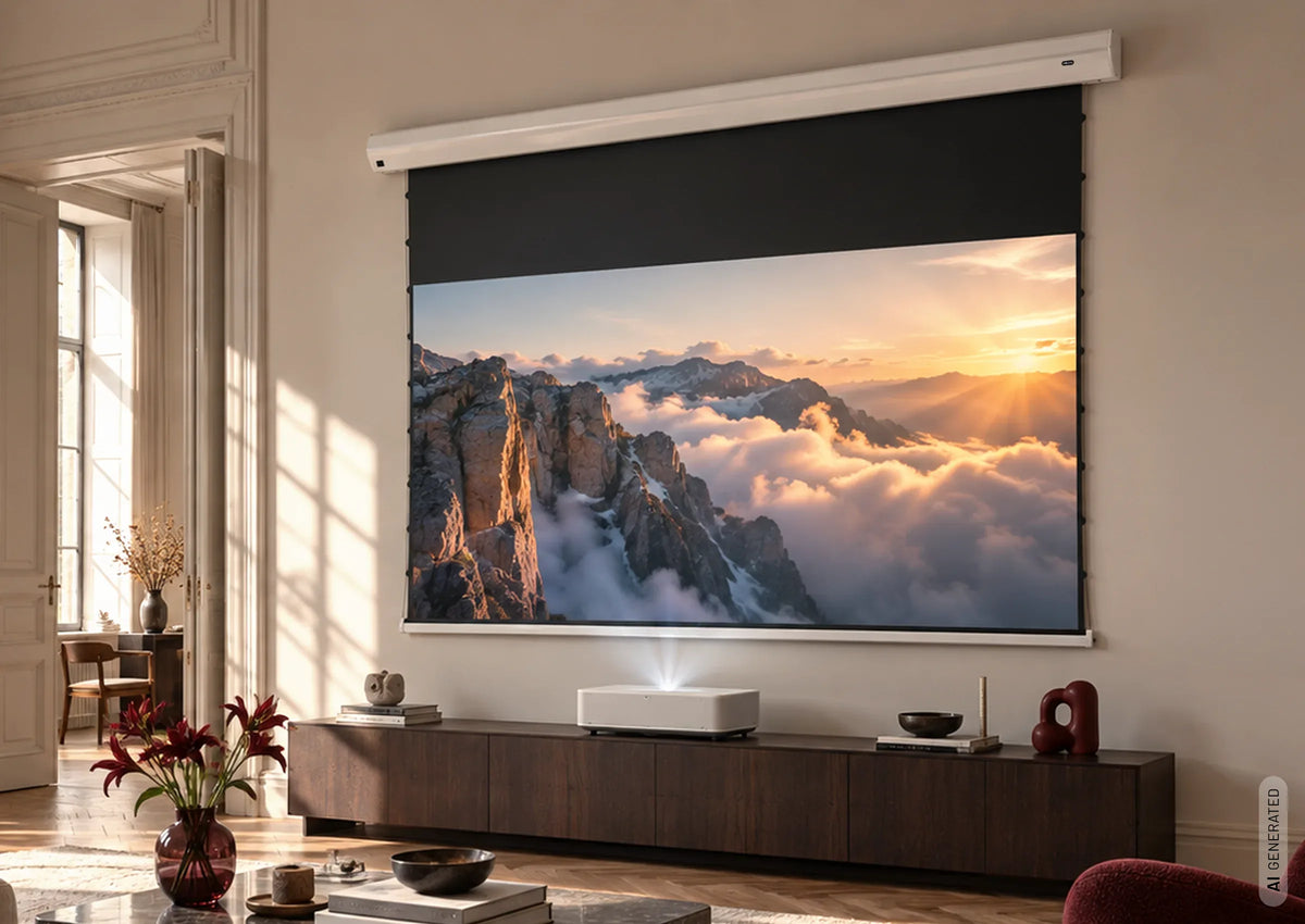 celexon Electric HomeCinema Plus Tension CLR UST projector screen in a modern living room with UST projector.