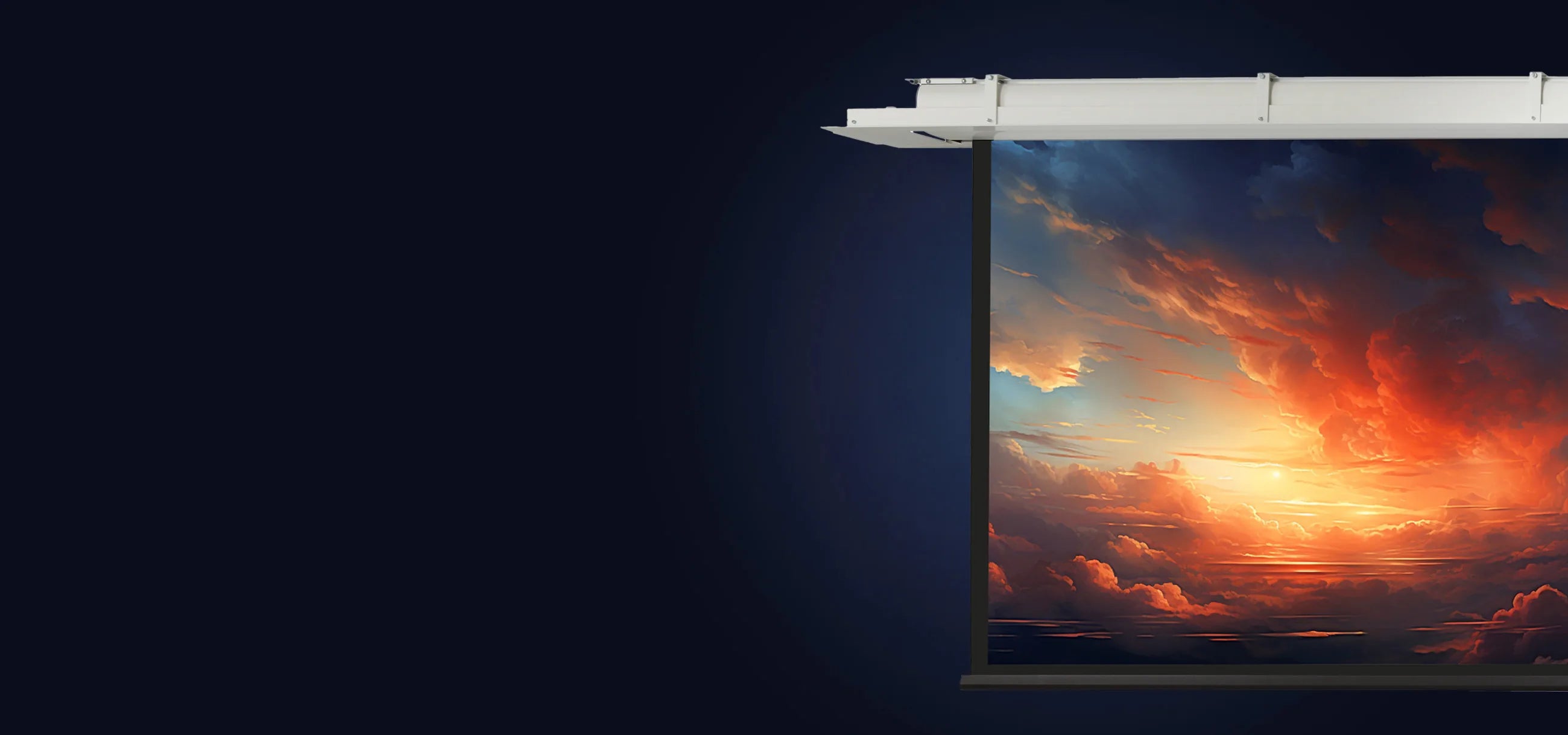 celexon ceiling recessed electric projector screen Expert, showing a projection of a cinematic sunrise, placed on a dark blue background