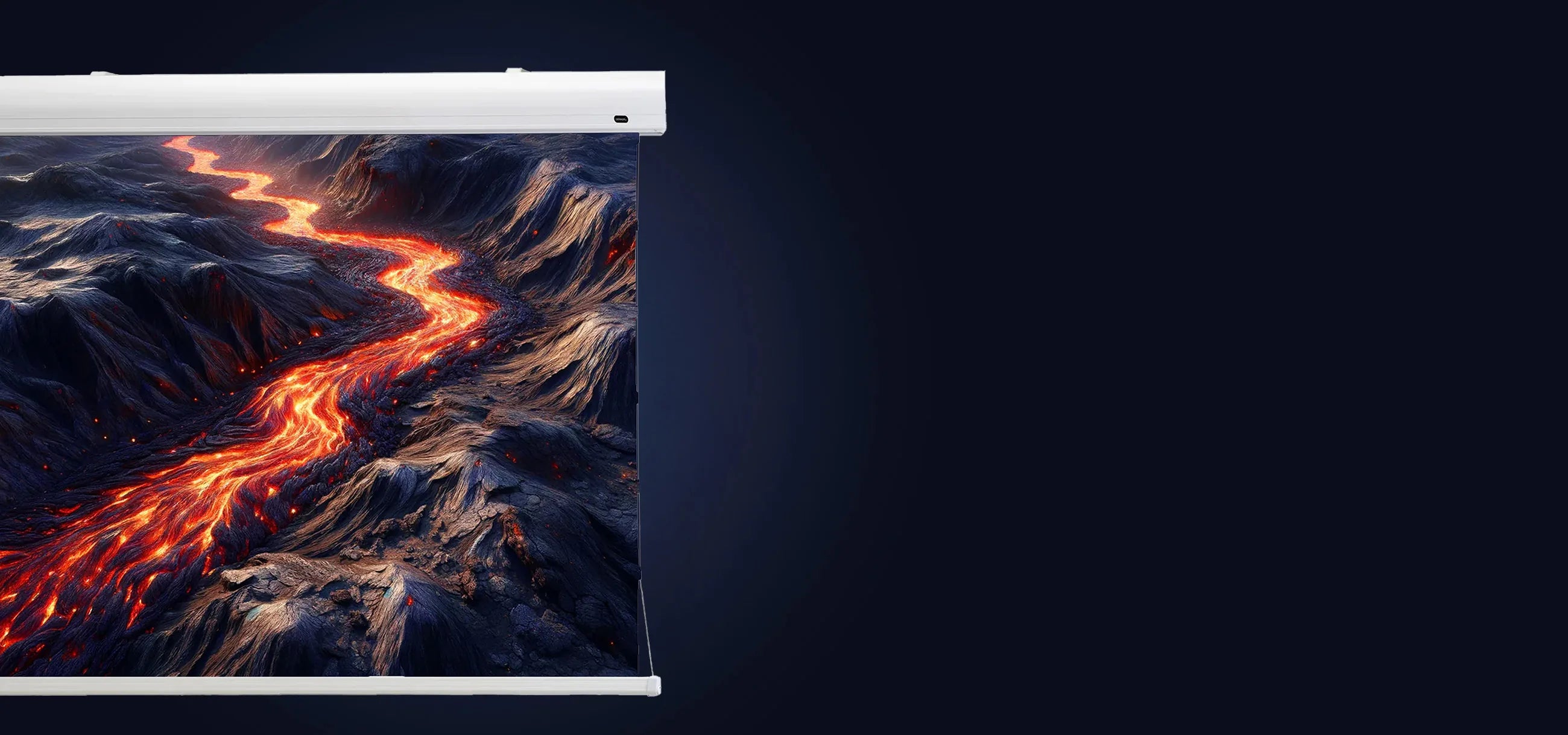 celexon Screen Electric HomeCinema Plus Tension Projector Screen - CLR UST with a projection showing volcanic rock with lava, placed on a dark blue background