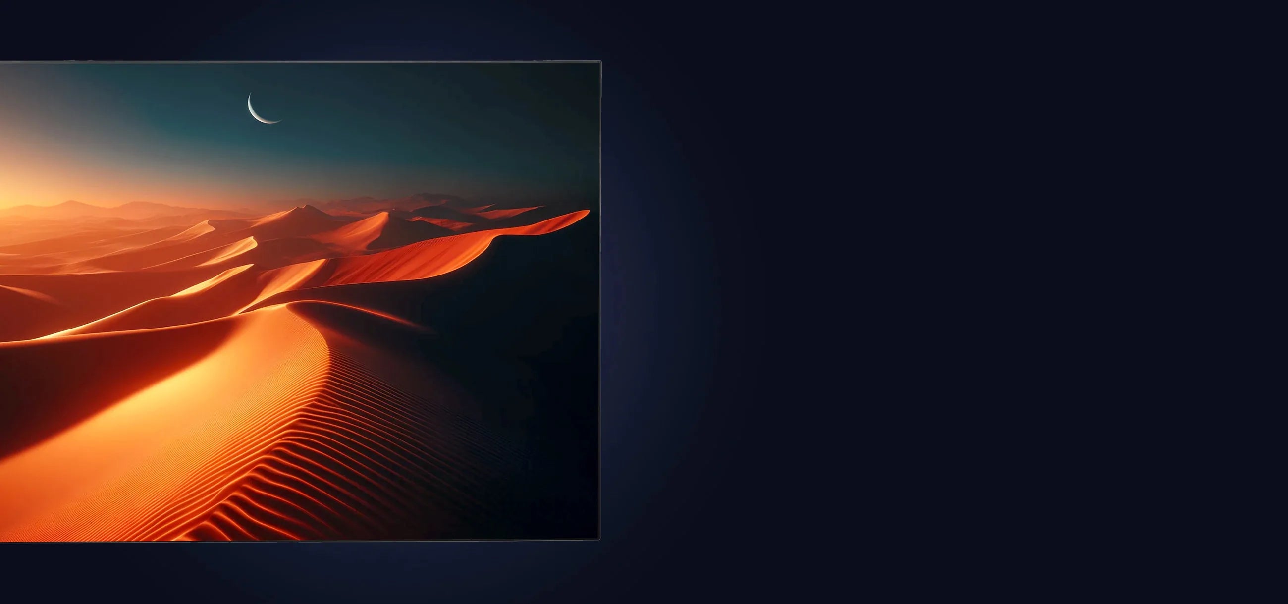 celexon fixed frame screen with a projection showing a desert scene, placed on a dark blue background