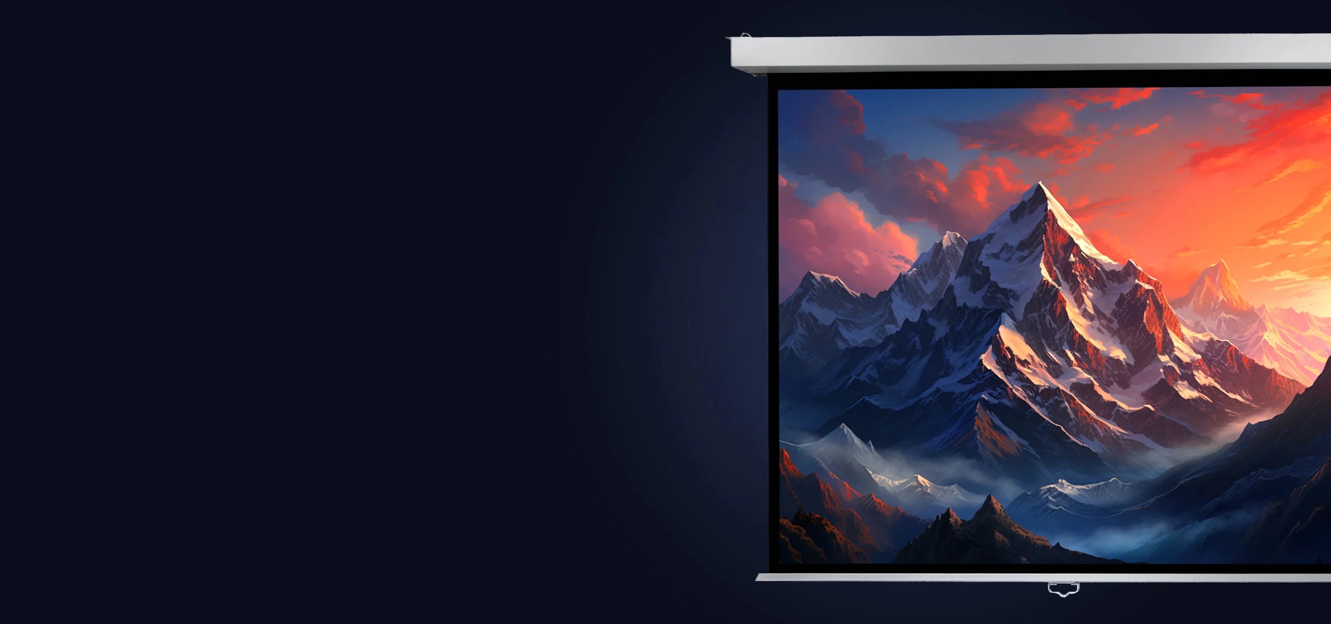 celexon Manual Projector Screen showing a projection of an icy mountain landscape, placed on a dark blue background