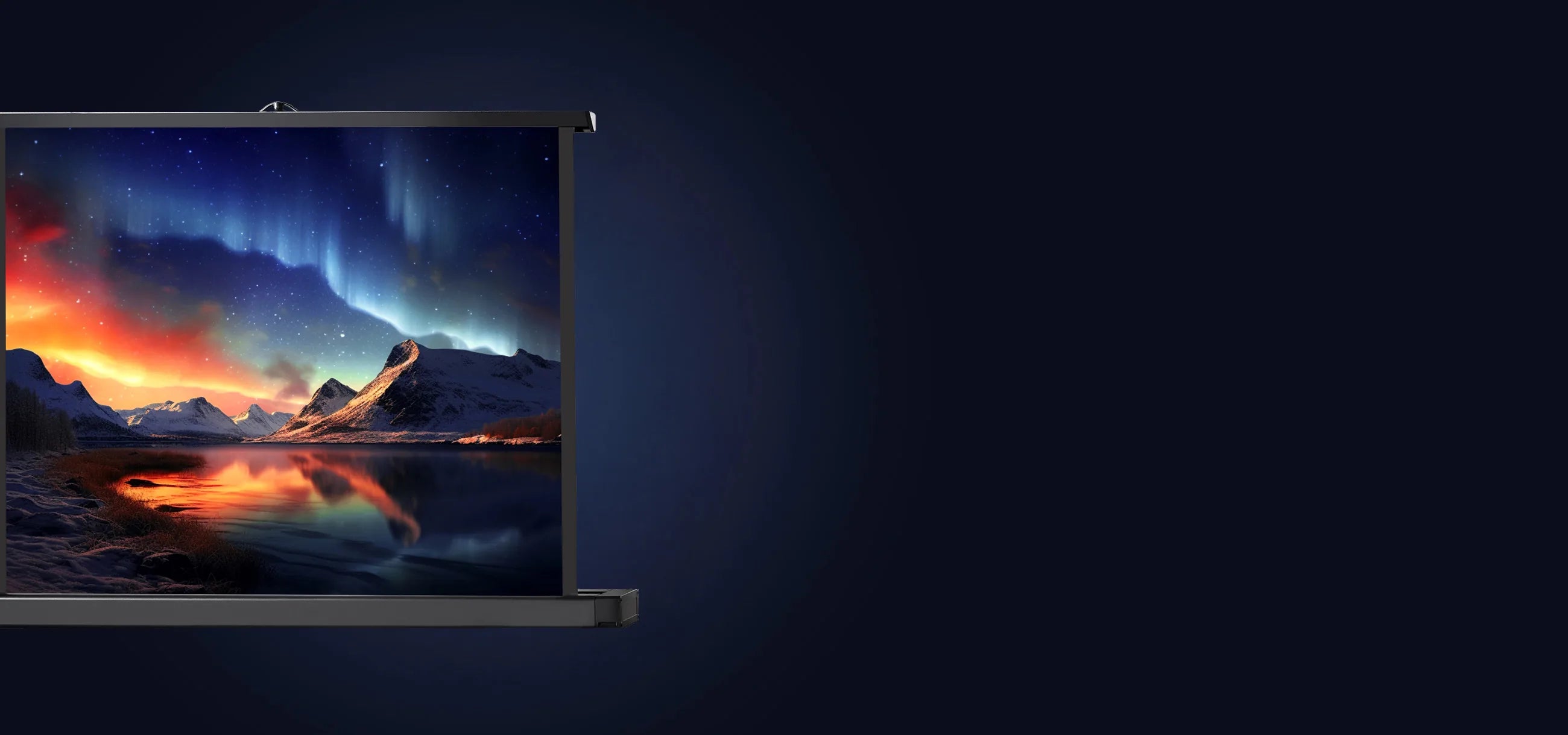 celexon table top Professional Mini screen showing a projection of an icy landscape with polarlights, placed on a dark blue background