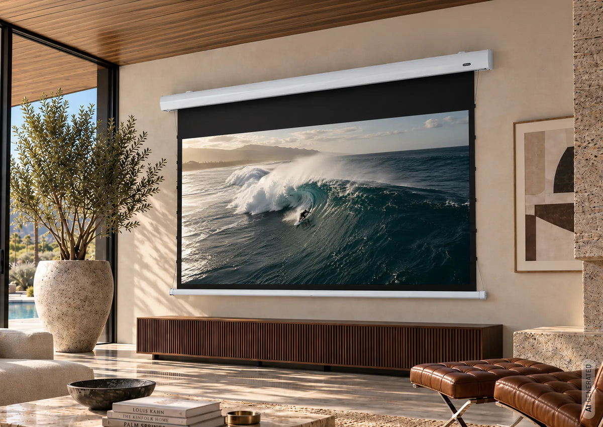 celexon HomeCinema Tension MWHT projector screen in a modern living room displaying a surfing scene.