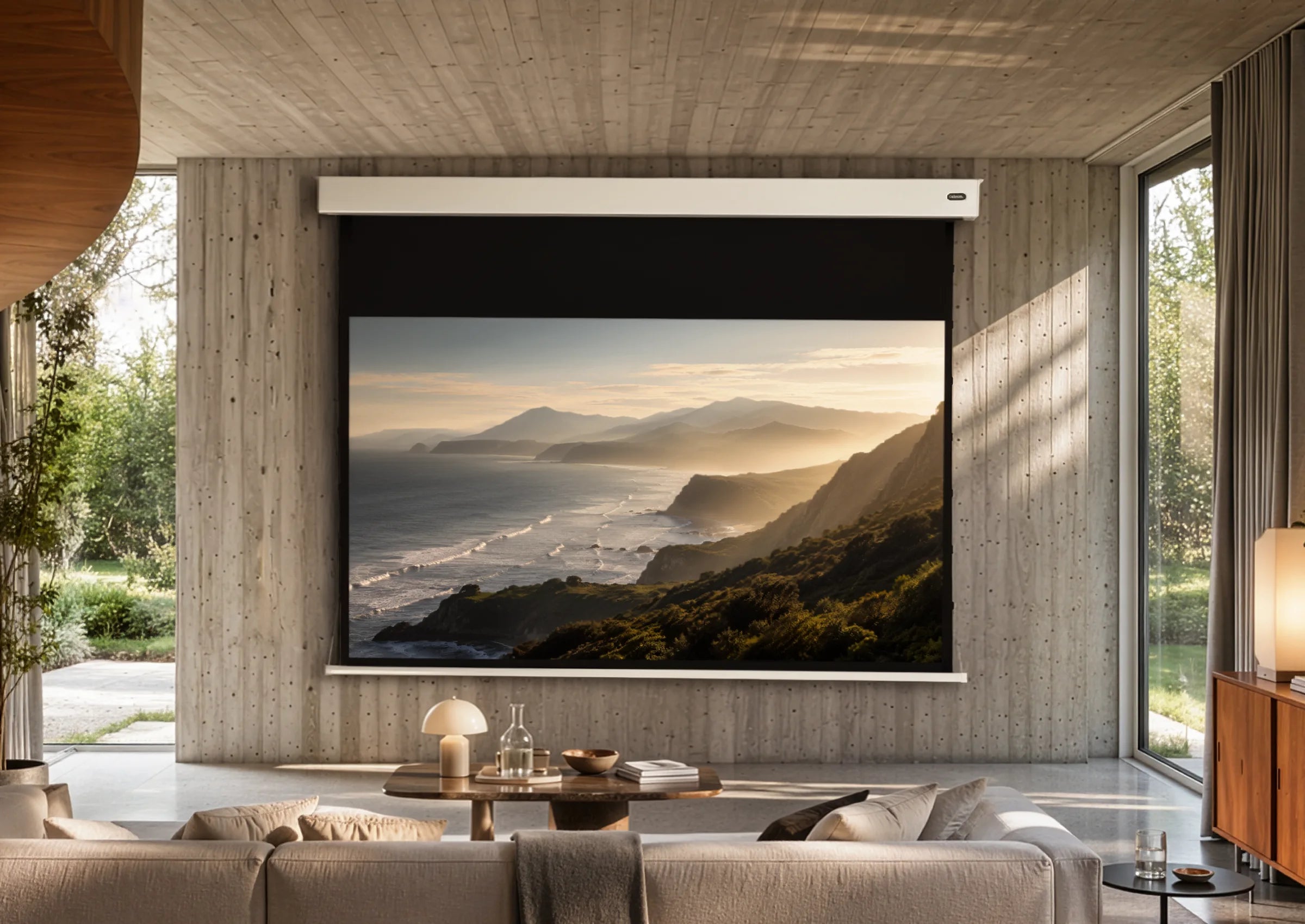 A modern lifestyle presentation of a celexon Pearlstone projection screen in a premium living space. Front view with the screen fully extended, displaying a warm coastal projection. Exposed concrete, natural wood accents, floor-to-ceiling windows, and soft natural daylight create an elegant, high-end atmosphere with a clear focus on the product.