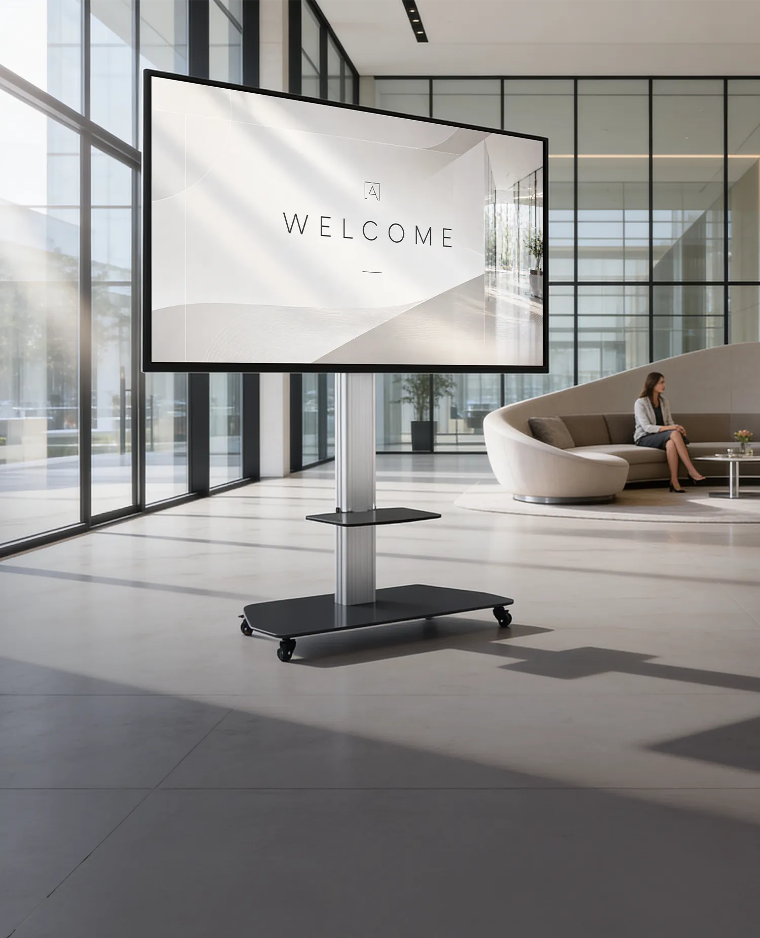A bright, modern lobby with large glass fronts and elegant seating furniture; in the foreground stands a mobile digital display on a celexon Professional height-adjustable display trolley Adjust-3270MP with the word “Welcome” on it. In the background, people are sitting and walking through the open reception area with stylish furnishings and floral decorations.