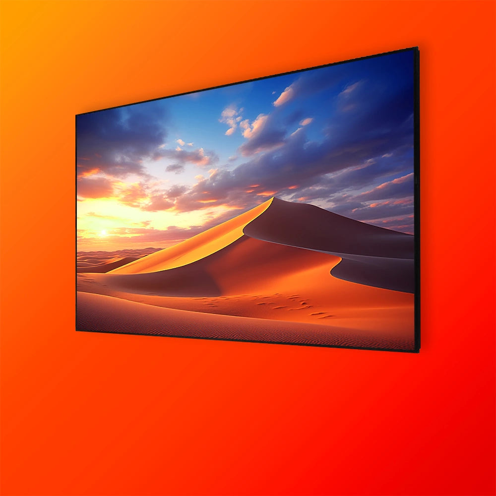 CLR Frame Projector Screen showing a projection of a desert landscape on an orange background