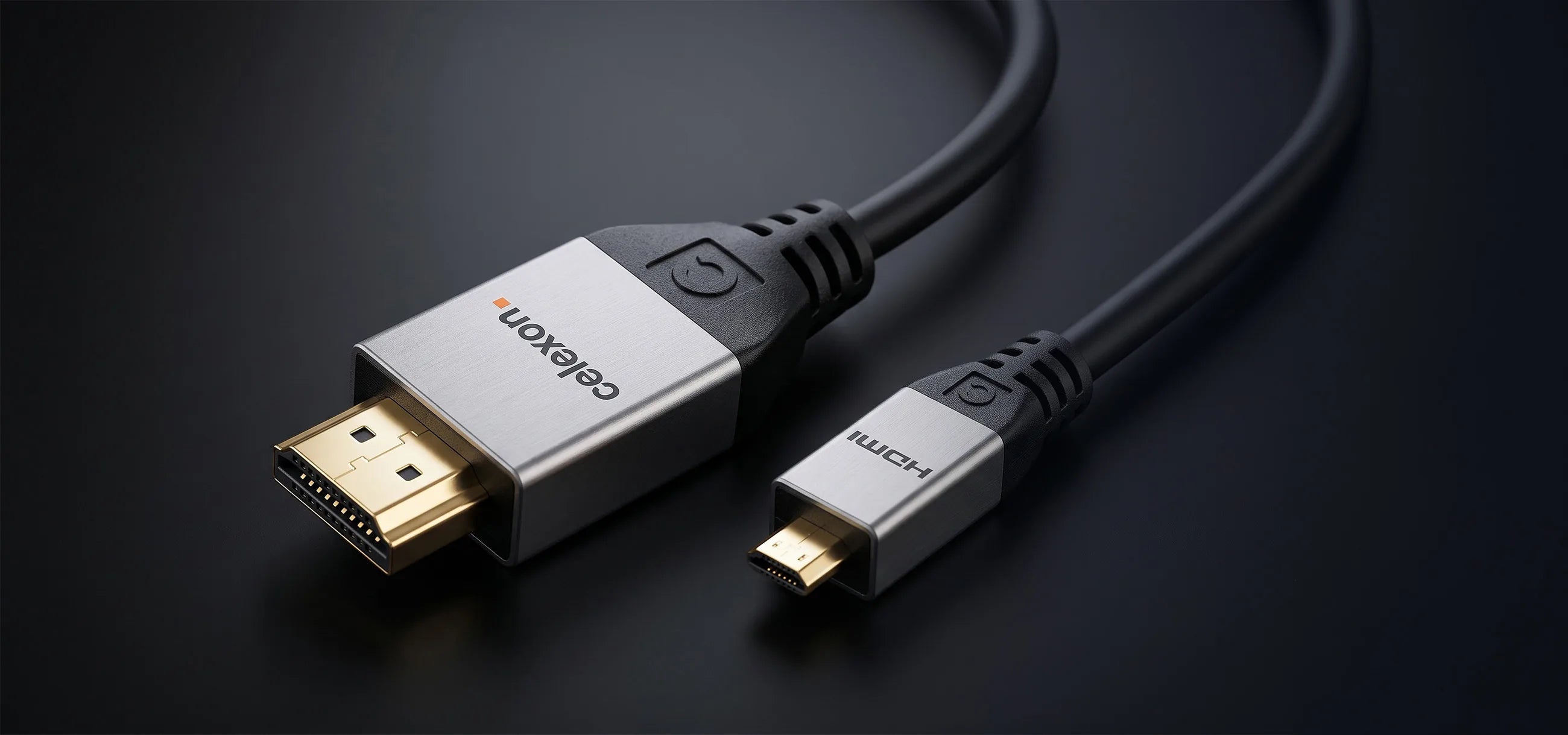 celexon HDMI to Micro HDMI Cable with Ethernet - 2.0a/b 4K - Professional Line in front of a dark background