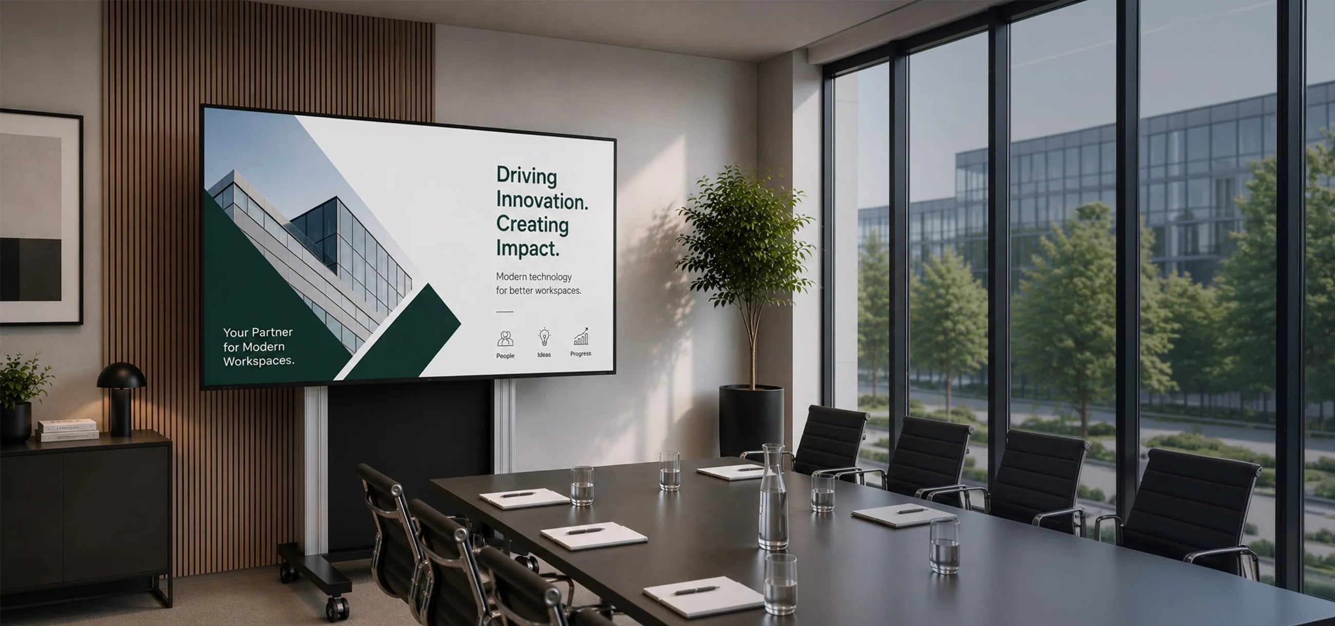 A modern meeting room featuring a mobile electric pylon system supporting a large-format display for presentations. The screen shows a minimalist corporate presentation with architectural visualizations, clean typography, and subtle graphic elements. A dark conference table with black office chairs, a vertical wooden slat wall, large windows, and an indoor plant create a premium, contemporary workspace atmosphere.