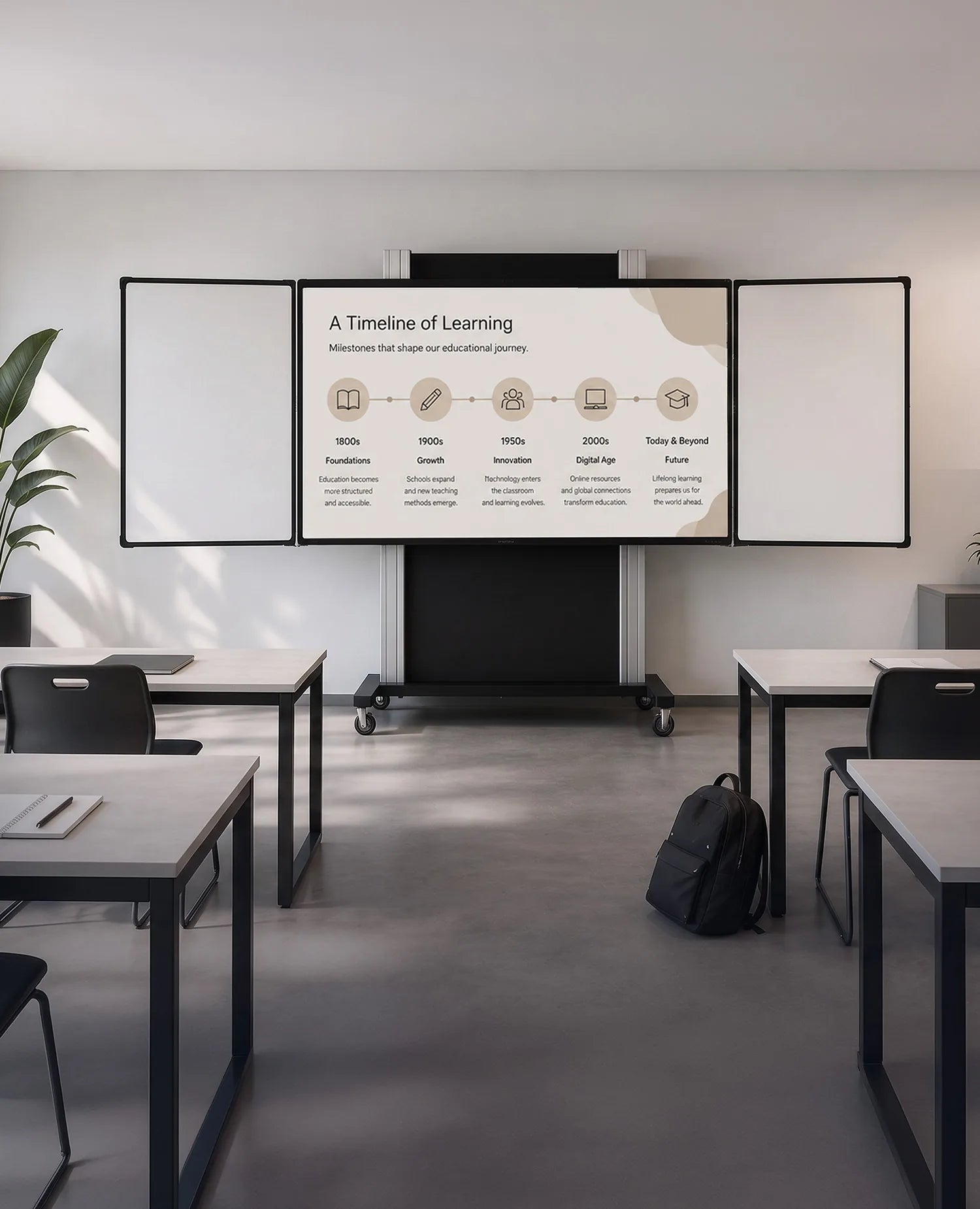 A modern classroom featuring a mobile pylon system that combines a central display with two fold-out whiteboard wings. The screen displays a timeline illustrating the evolution of learning, while desks, chairs, and plants complete the bright educational environment.