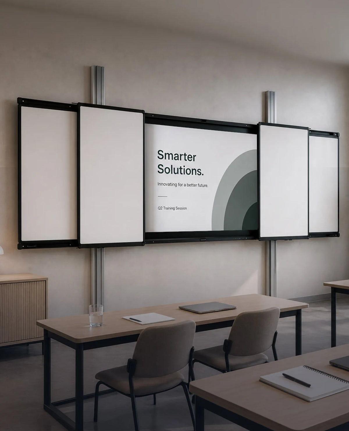 A modern classroom featuring a wall-mounted pylon system that combines a central display with four sliding whiteboard wings. The screen shows a minimalist presentation with the heading “Smarter Solutions” and subtle geometric graphic elements. Light wooden desks with gray chairs, a simple sideboard with a table lamp, and a large indoor plant create a calm, contemporary learning environment with a clean, premium aesthetic.