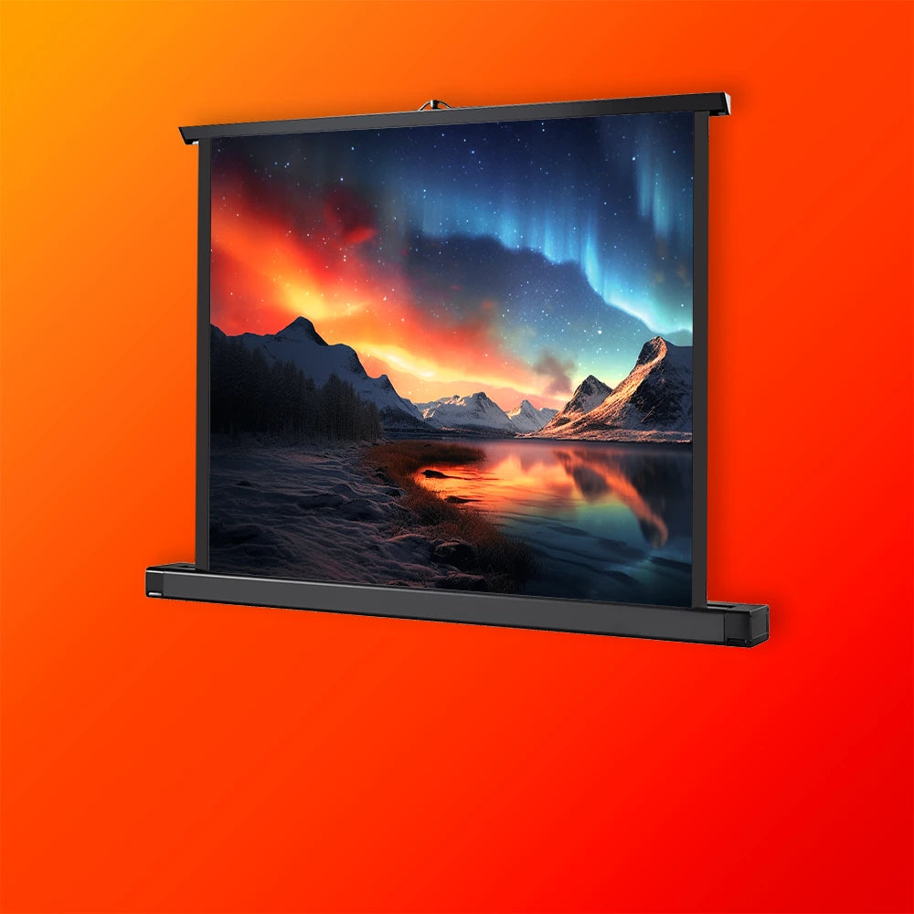 celexon Table-Top Projector Screen showing a projection of volcanic rock with lava, placed on an orange background