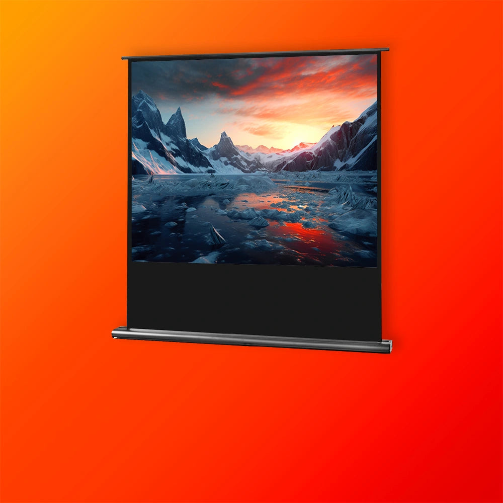 celexon projector screen ultramobile with a projection showing an icy landscape, placed on an orange background