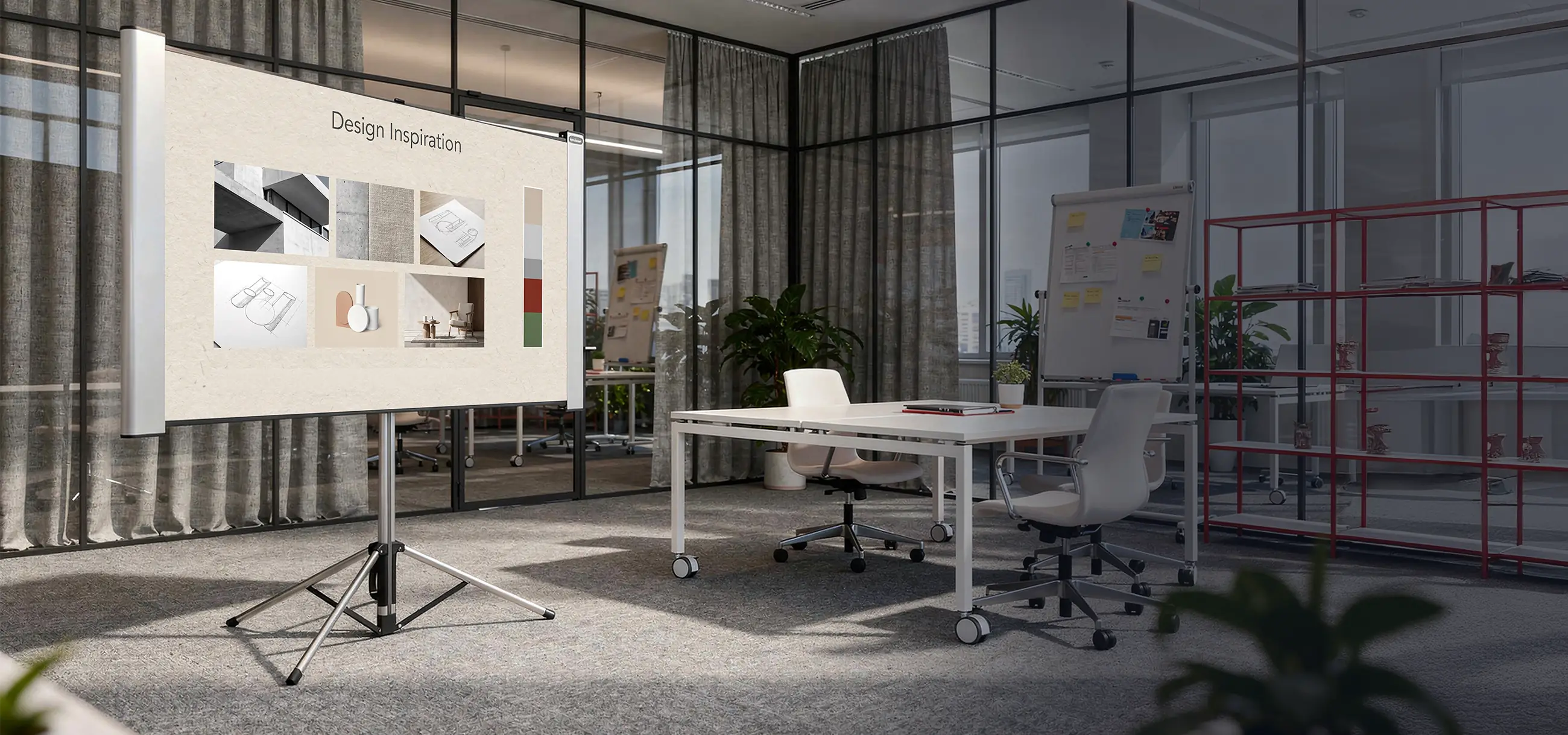 The image shows a modern workspace or creative studio with glass walls and open office structures. At the center stands a celexon Dual Format Tripod Screen Mobile Expert displaying a presentation titled “Design Inspiration,” consisting of various material, architecture, and design examples as well as a color palette.