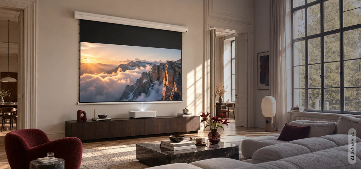 celexon Electric HomeCinema Plus Tension CLR UST projector screen in a modern living room with UST projector.