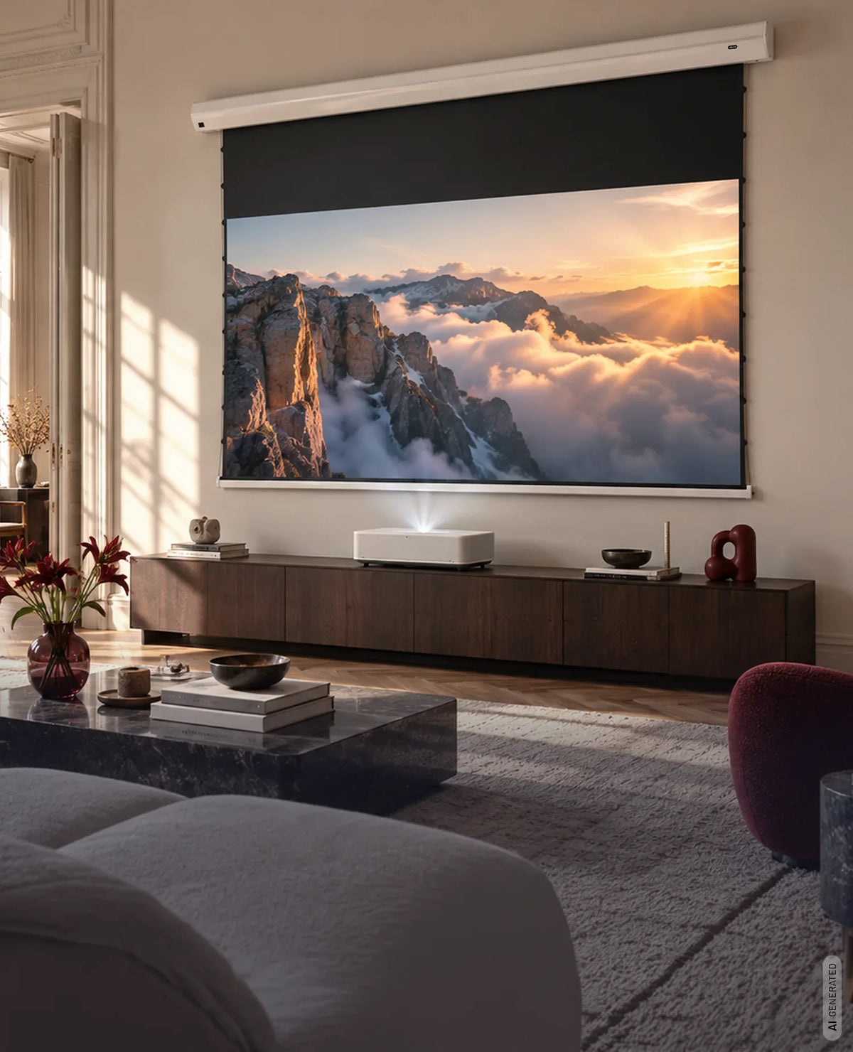 celexon Electric HomeCinema Plus Tension CLR UST projector screen in a modern living room with UST projector.