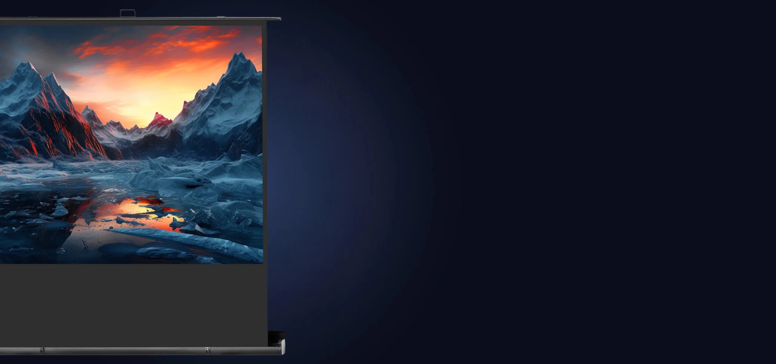 celexon Projector Screen Ultramobile Professional showing a projection of an icy mountain landscape, placed on a dark blue background
