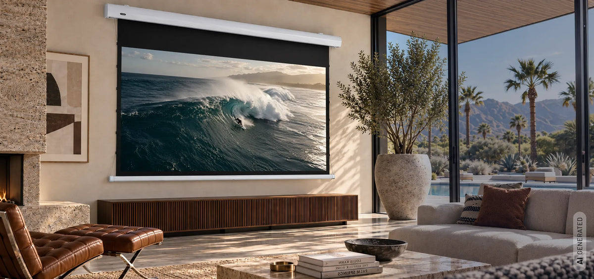 celexon HomeCinema Tension MWHT projector screen in a modern living room displaying a surfing scene.