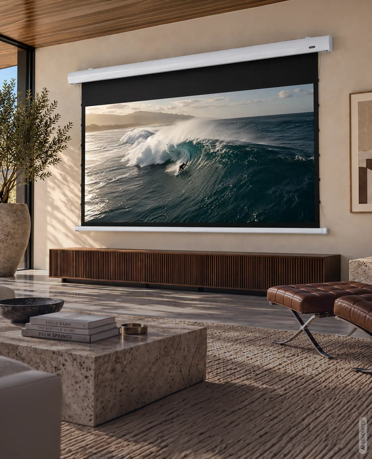 celexon HomeCinema Tension MWHT projector screen in a modern living room displaying a surfing scene.