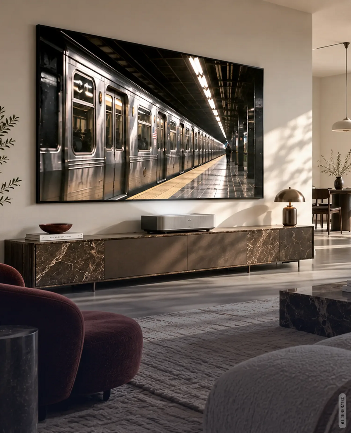 celexon HomeCinema UST BrightOnyx high contrast framed screen in a modern living room with UST projector.