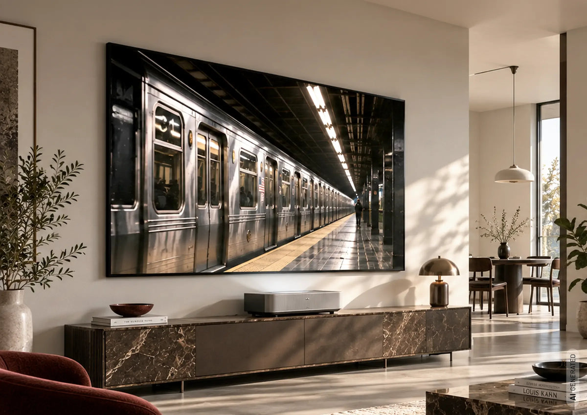 celexon HomeCinema UST BrightOnyx high contrast framed screen in a modern living room with UST projector.