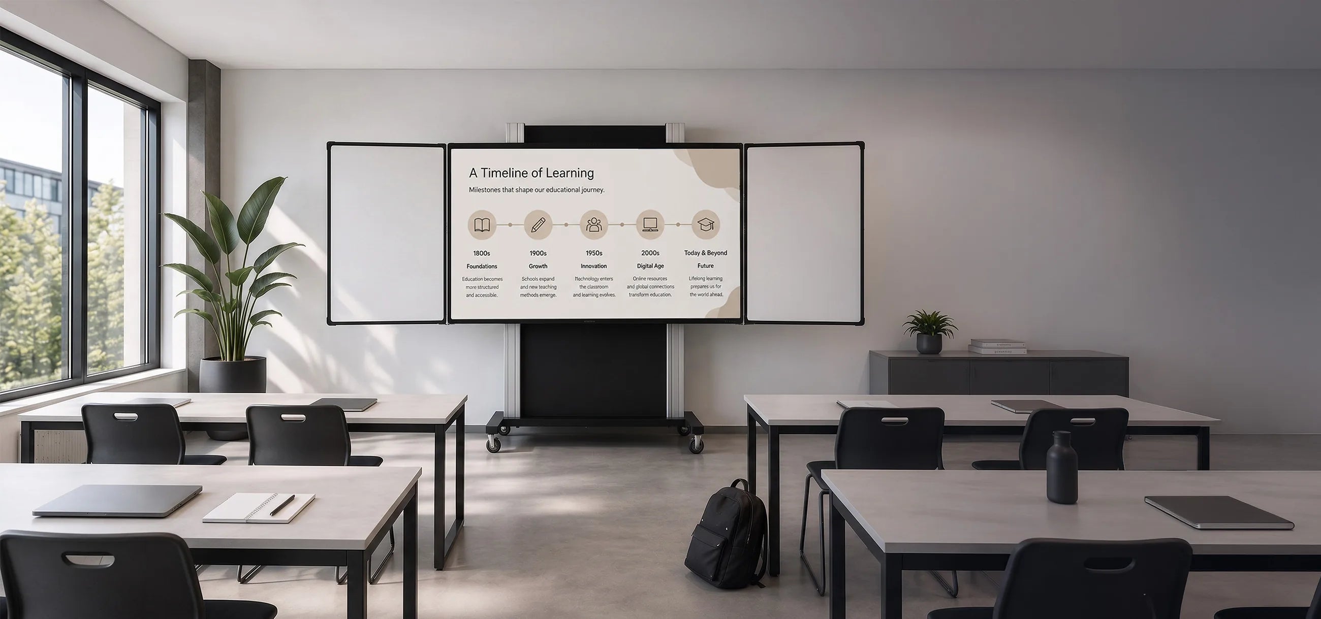A modern classroom featuring a mobile pylon system that combines a central display with two fold-out whiteboard wings. The screen displays a timeline illustrating the evolution of learning, while desks, chairs, and plants complete the bright educational environment.