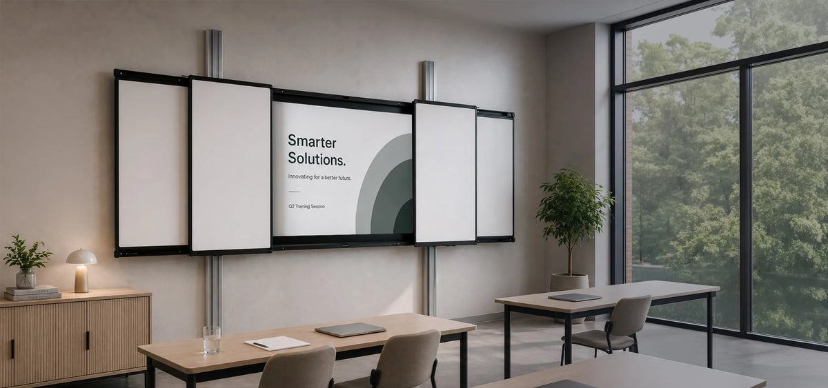 A modern classroom featuring a wall-mounted pylon system that combines a central display with four sliding whiteboard wings. The screen shows a minimalist presentation with the heading “Smarter Solutions” and subtle geometric graphic elements. Light wooden desks with gray chairs, a simple sideboard with a table lamp, and a large indoor plant create a calm, contemporary learning environment with a clean, premium aesthetic.