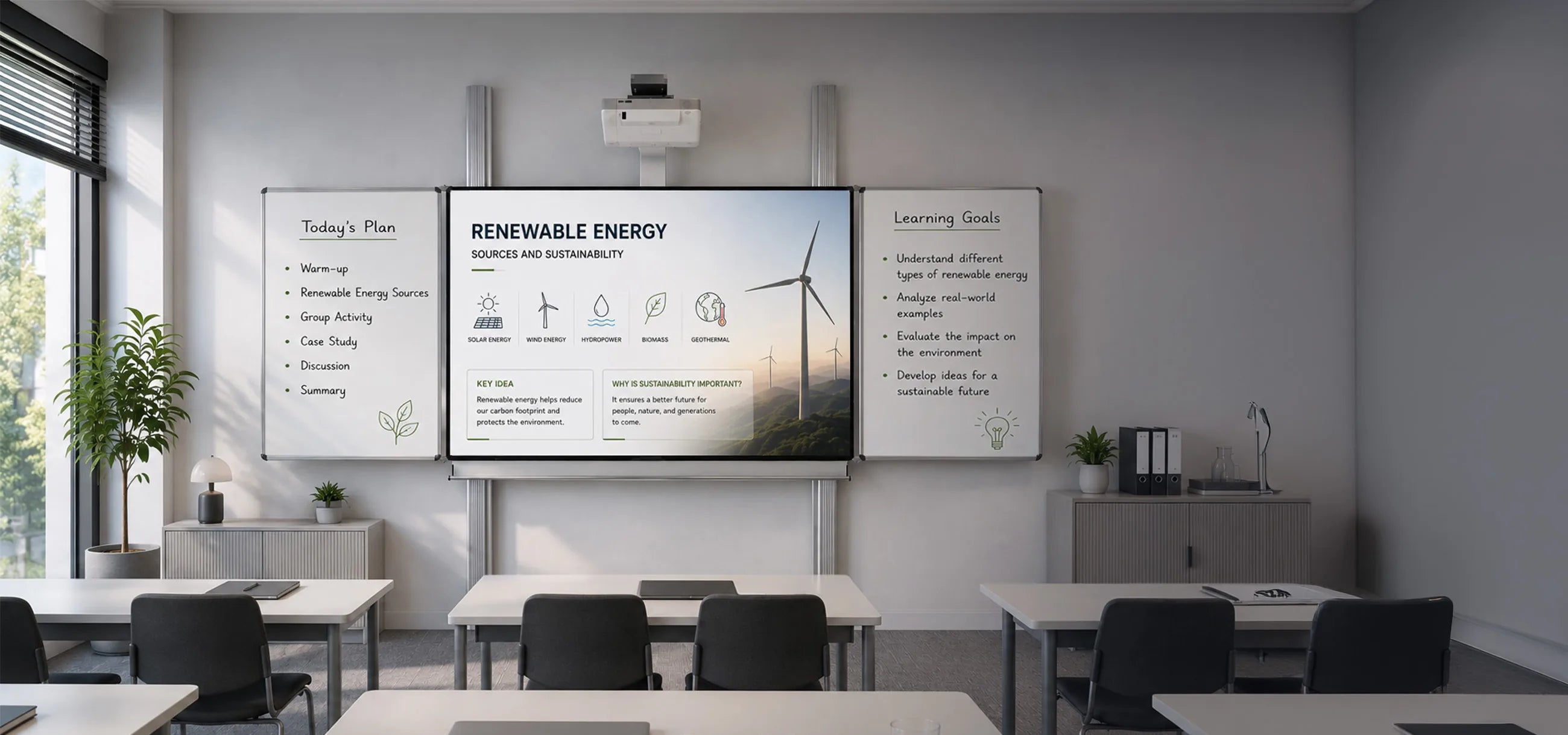 A modern classroom featuring a wall-mounted pylon system that combines a central interactive display with two side whiteboard wings. The display presents a lesson on “Renewable Energy”, featuring renewable energy icons, wind turbines, and clean, easy-to-read infographics. The whiteboards contain a handwritten lesson agenda and learning objectives. Light-colored student desks with notebooks, laptops, and writing materials, subtle storage cabinets, indoor plants, and an ultra-short-throw projector mounted