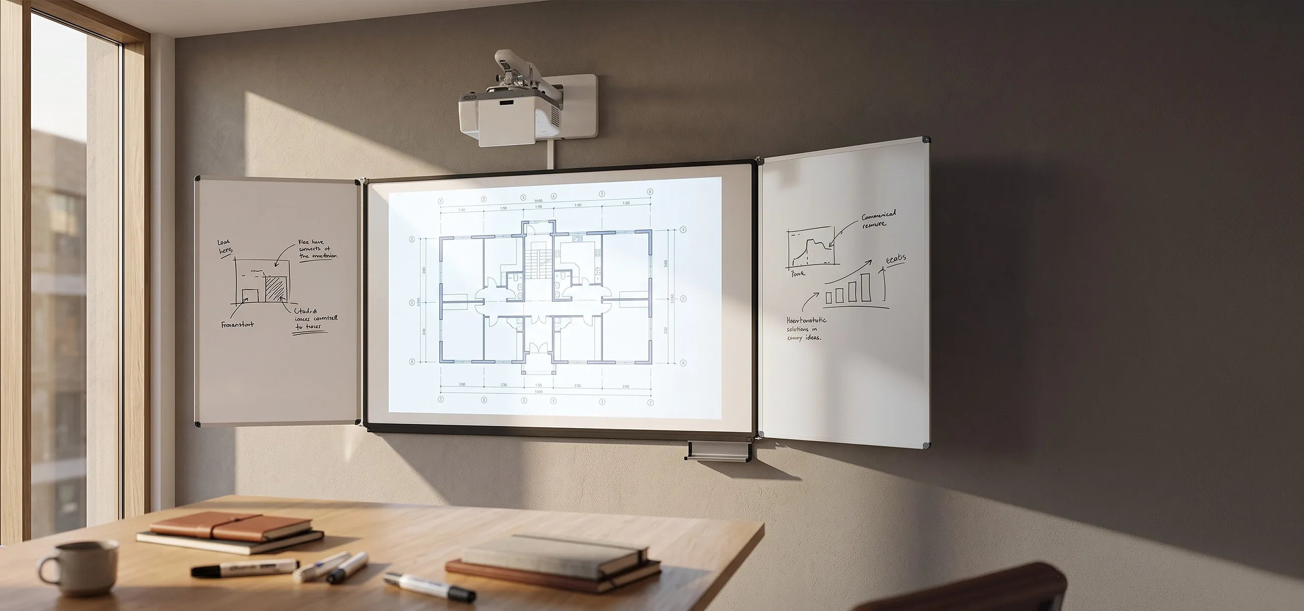 A modern meeting room with an interactive whiteboard system, featuring a building floor plan on the central projection surface. The side whiteboards display handwritten sketches and diagrams, while a projector is mounted on the wall above.