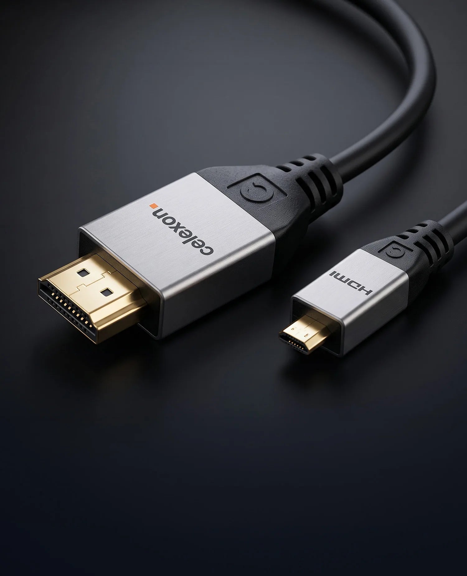 celexon HDMI to Micro HDMI Cable with Ethernet - 2.0a/b 4K - Professional Line in front of a dark background