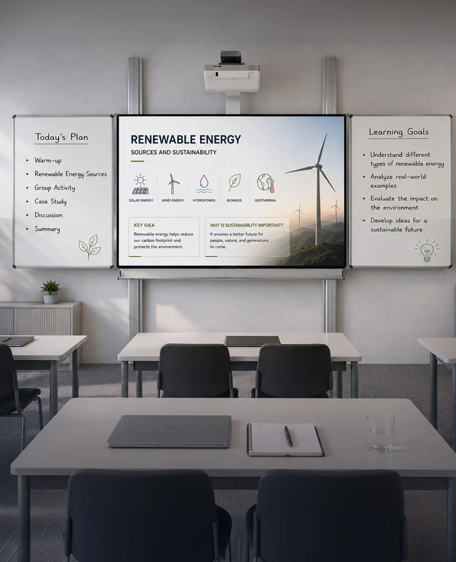A modern classroom featuring a wall-mounted pylon system that combines a central interactive display with two side whiteboard wings. The display presents a lesson on “Renewable Energy”, featuring renewable energy icons, wind turbines, and clean, easy-to-read infographics. The whiteboards contain a handwritten lesson agenda and learning objectives. Light-colored student desks with notebooks, laptops, and writing materials, subtle storage cabinets, indoor plants, and an ultra-short-throw projector mounted