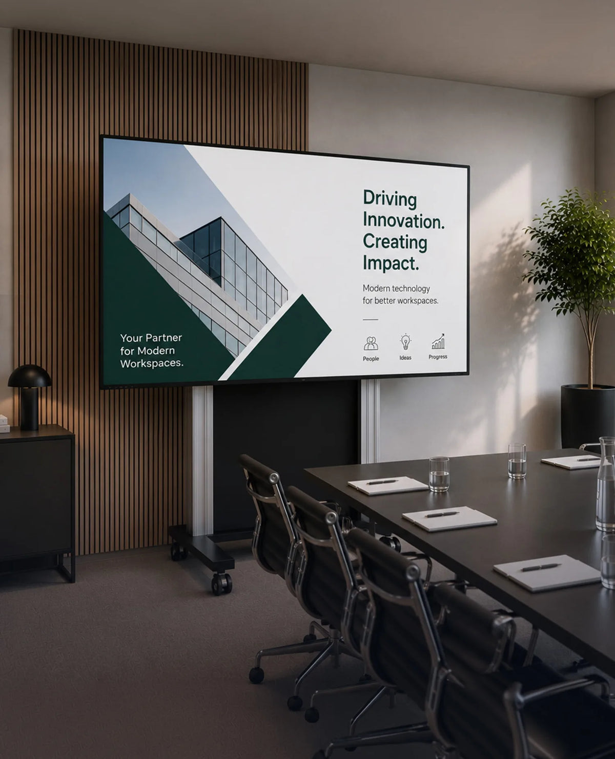 A modern meeting room featuring a mobile electric pylon system supporting a large-format display for presentations. The screen shows a minimalist corporate presentation with architectural visualizations, clean typography, and subtle graphic elements. A dark conference table with black office chairs, a vertical wooden slat wall, large windows, and an indoor plant create a premium, contemporary workspace atmosphere.