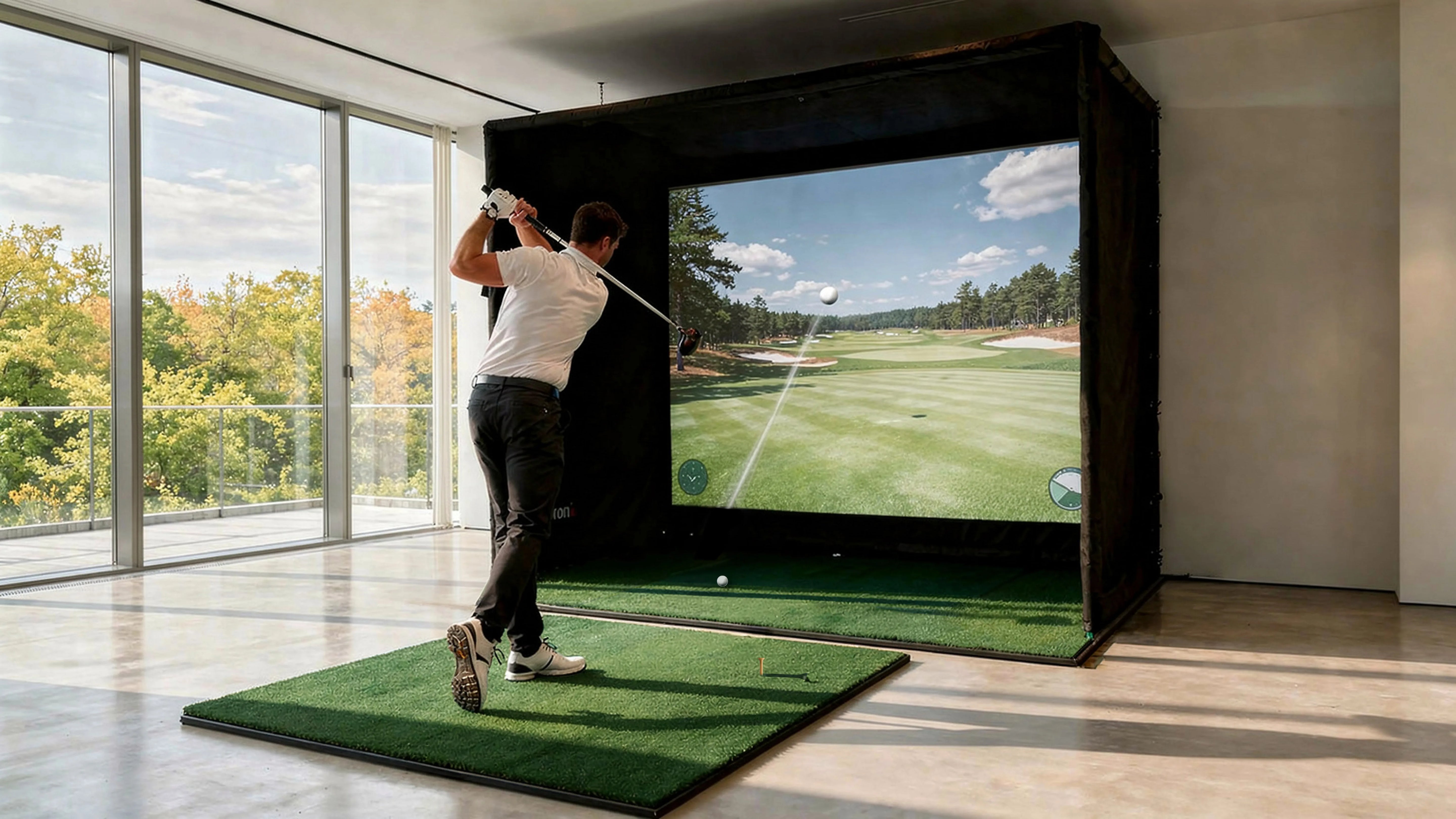 The image shows a man in a modern room taking a swing on an indoor golf simulator. He stands on an artificial turf mat and has just swung his golf club, while the large projection screen in front of him displays a virtual golf course with the trajectory of the ball.